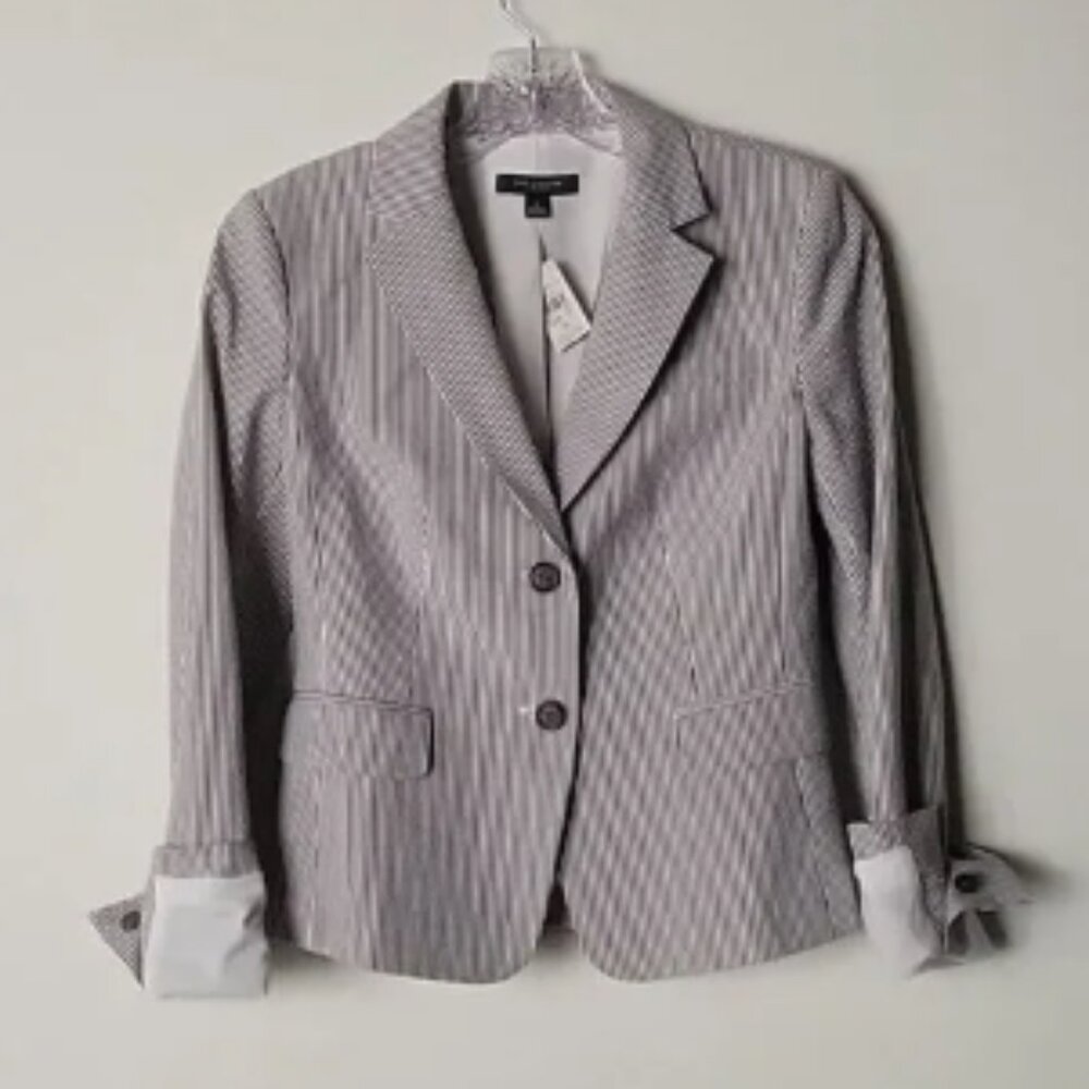 NWT Ann Taylor 0 2 SeerSucker Blue Stripe Jacket Blazer Academia Office Stretchy
